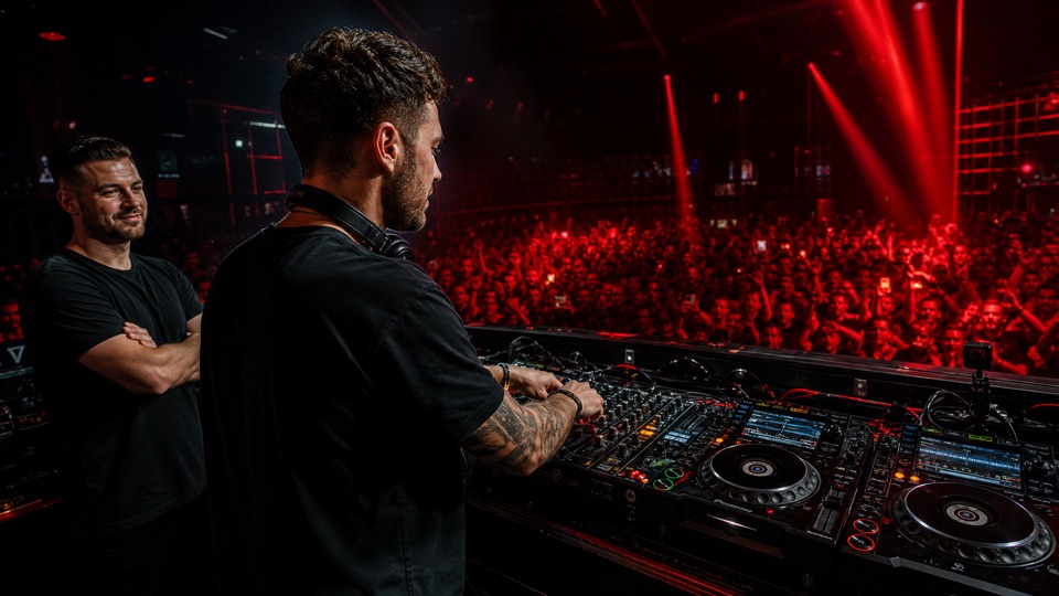 DJ booth setup with mixer and controller ready for a club set